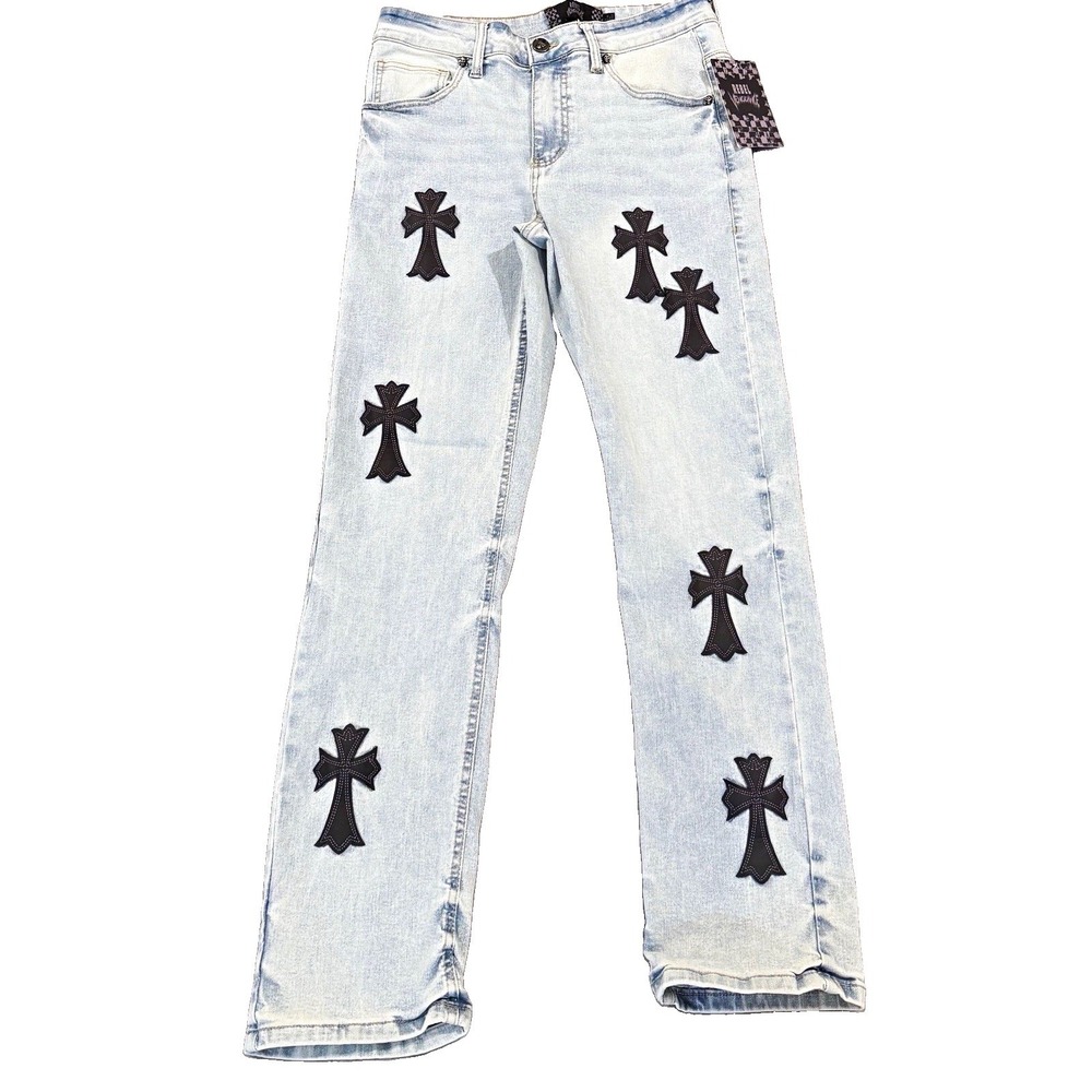 REBEL VENGEANCE Cross Patch Jeans Mens 30 NWT Light Wash Y2K Chrome Hearts Style
